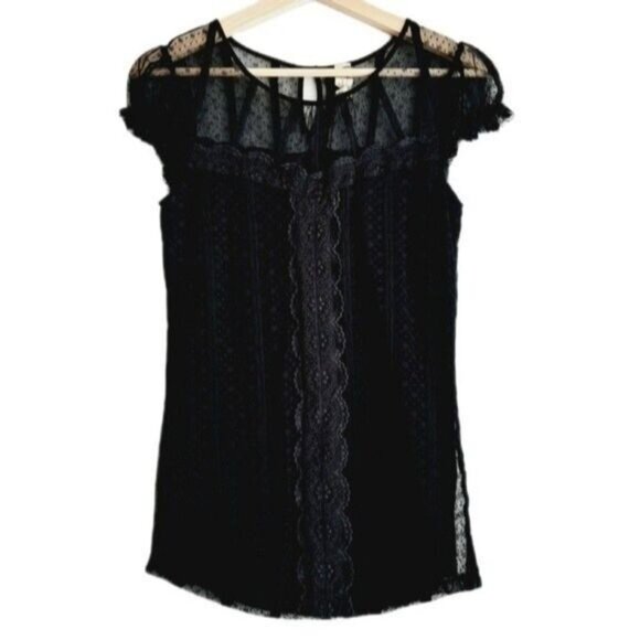 FREE PEOPLE Cap Sleeve Blouse Lace & Mesh Sz S - Picture 1 of 11
